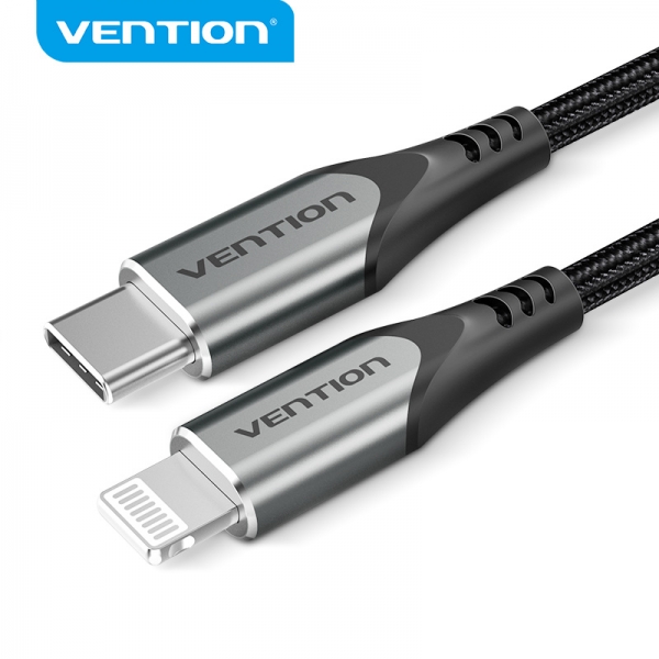 vention cable usb c a lightning 3a 27w 480mbps mfi 2m color gris
