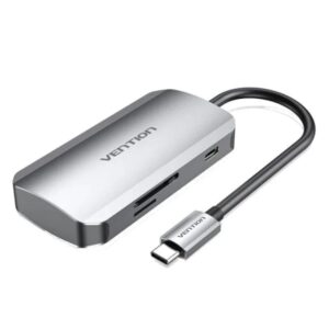 vention hub 6 en 1 usb c a 3x usb3.0, lector tarjetas sd/microsd, usb c pd100w longitud del cable 0.15m color gris