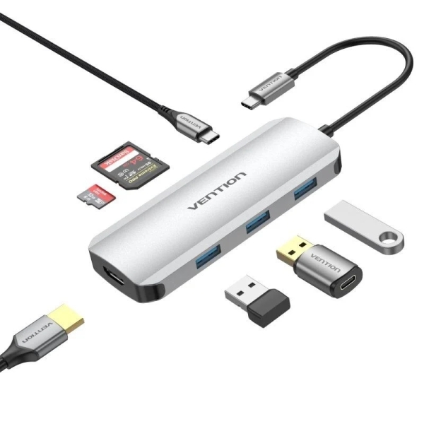vention docking station 7 en 1 usb c a hdmi 4k/3xusb3.0/sd/tf/pd100w 0.15m color gris