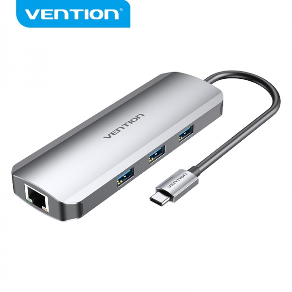 vention docking station 9 en 1 usb c a hdmi 4k/3xusb3.0/rj45/lector sd/microsd/jack audio/pd100w 0.15m color gris