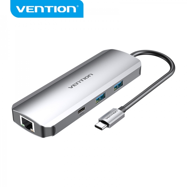 vention docking station 9 en 1 usb c a hdmi 4k/2xusb3.0/usb c gen1/rj45/lector tf/sd/jack audio/pd100w 0.15m color gris