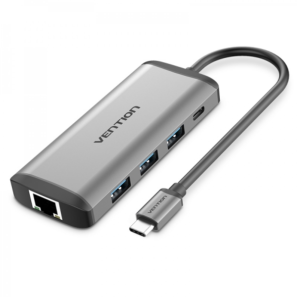 vention docking station 7 en 1 usb c a hdmi 4k/3xusb3.0/rj45/lector sd/tf/pd87w 0.15m color gris