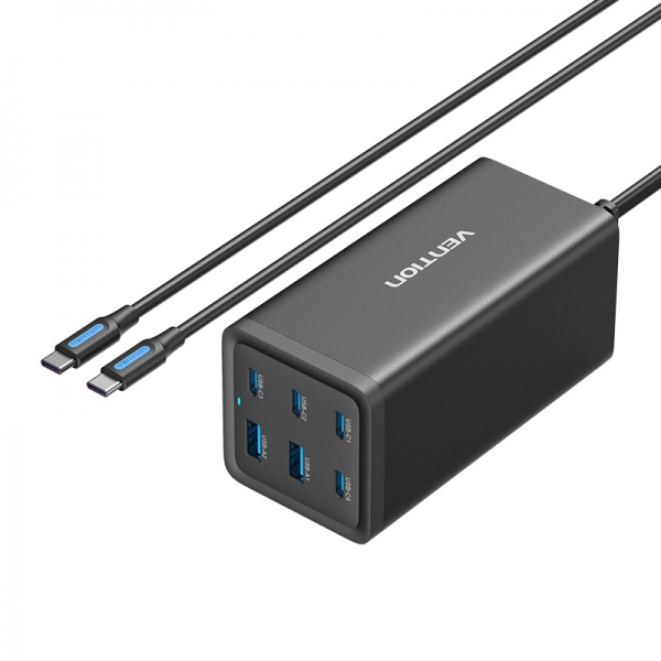 vention cargador gan portable 6 puertos (200w/140w/45w/20w/18w/18w) kit cable negro eu