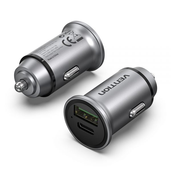 vention cargador de coche 20w 2xusb (a+c) qc4.0 3.4a diseño mini aluminio gris