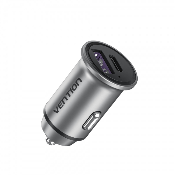 vention cargador de coche 30w 2xusb (a+c) qc4.0 5a diseño mini aluminio gris
