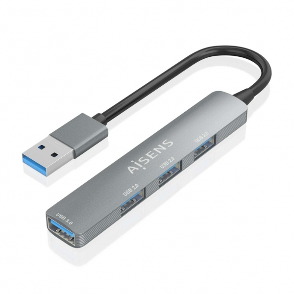 aisens hub usb ultra delgado de aluminio 1xusb3.0 + 3xusb2.0 alta velocidad 5 gbps alimentacion por bus usb color gris
