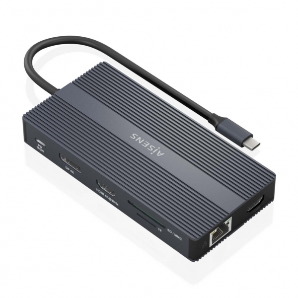 aisens conversor usb c 12 en 1 carcasa de aluminio ligero y portatil conexion a 3 pantallas power delivery 100w ethernet rj45 puertos usb a y usb c lectores de tarjetas sd y micro sd