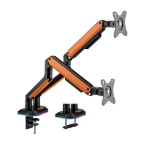 aisens soporte de mesa profesional gaming rgb giratorio e inclinable acero de alta resistencia iluminacion ambiental compatible vesa carga maxima 9kg sistema de pasacables color negro/naranja