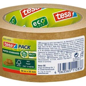 tesa tesapack paper standard cinta adhesiva de papel 50mmx50m hecho con 56% de materiales biodegradables papel procedente de bosques certificados fsctm color marron
