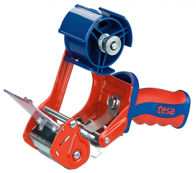 tesa 6400 comfort precintadora para rollos de hasta 50mm sistema de cuchilla protegida tension ajustable manualmente color rojo/azul