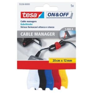 tesa on & off cables manager pack de tiras de velcro 20cm x 12mm para organizar cables colores surtidos