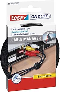 tesa on & off cable manager pack de tira de velcro 5m x 10mm para organizar cables color negro