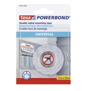 tesa powerbond cinta adhesiva doble cara 19mm x 1.5 metros para fijacion segura y rapida de objetos planos y ligeros color blanco