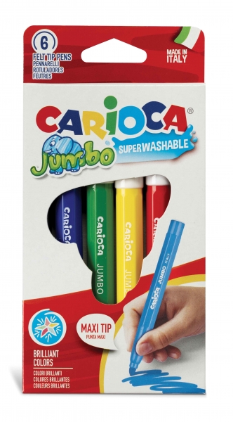 carioca pack de 6 rotuladores jumbo cuerpo octogonal maxi tinta superlavable punta maxi 6mm bloqueada tapa ventilada color varios