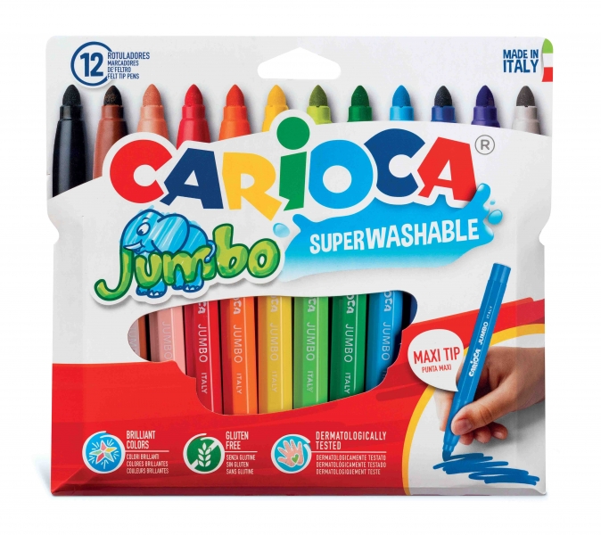 carioca jumbo pack de 12 rotuladores cuerpo octogonal maxi tinta superlavable punta maxi 6mm bloqueada tapa ventilada color varios