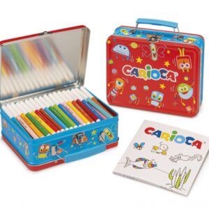 carioca caja metalica con 100 rotuladores punta fina y tinta superlavable 1 album para colorear dedicado a pequeños artistas color varios