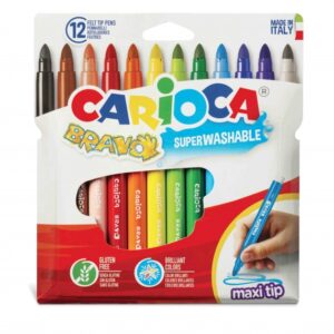 carioca bravo pack de 12 rotuladores cuerpo octogonal maxi tinta superlavable punta maxi 6mm bloqueada tapa ventilada colores surtidos