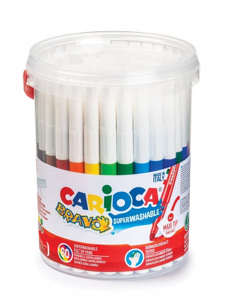 carioca bravo pack de 60 rotuladores cuerpo octogonal maxi tinta superlavable punta maxi 6mm bloqueada tapa ventilada color varios