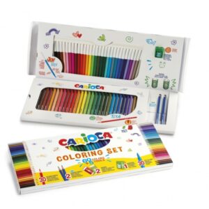 carioca joy pack de 65 piezas para colorear incluye 30 rotuladores super lavables + 30 lapices de colores + 2 gomas de borrar + 2 lapices de grafito hb + 1 sacapuntas con deposito colores surtidos