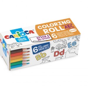 carioca mini coloring roll abc de papel adhesivo para colorear + 6 lapices de colores aplicable en superficies verticales u horizontales reutilizable sin residuos