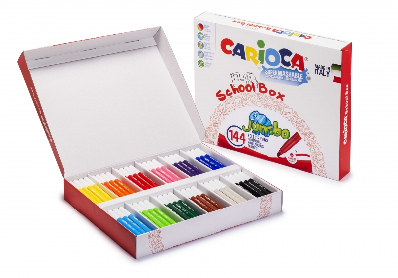 carioca jumbo school box pack de 144 rotuladores punta maxi 6mm bloqueada tinta superlavable tapa ventilada ideal para colegios colores surtidos