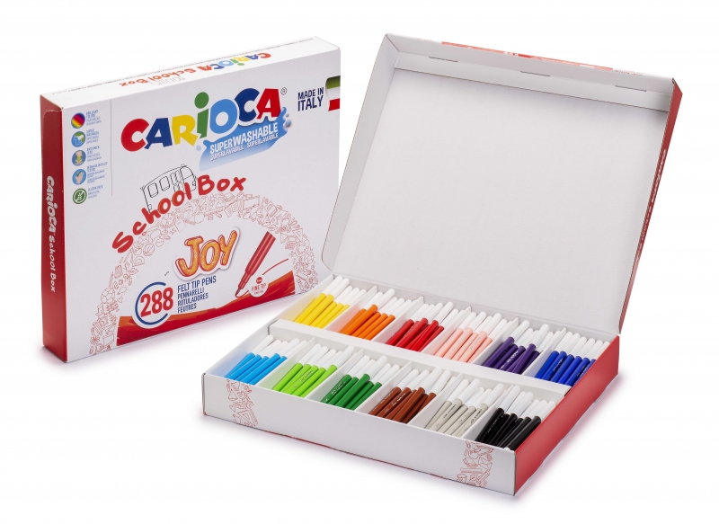 carioca joy school box pack de 288 rotuladores punta 2.8mm tinta superlavable bloqueada y con tapa ventilada ideal para colegios colores surtidos