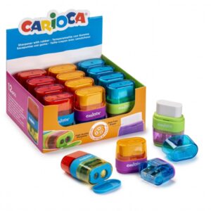 carioca afila borra expositor de 12 sacapuntas con goma doble agujero apto para lapices y ceras tornillo de seguridad deposito para virutas color varios