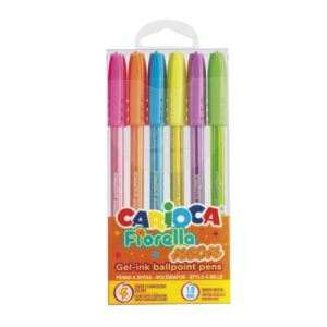 carioca fiorella neon pack de 6 boligrafos de colores tinta gel punta de bola 1mm cuerpo transparente fluo colores neon surtidos