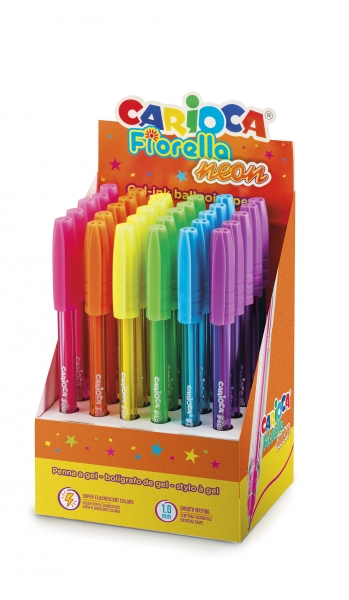 carioca fiorella expositor de 30 boligrafos neon punta de esfera cuerpo transparente fluo escritura brillante y colorida color varios