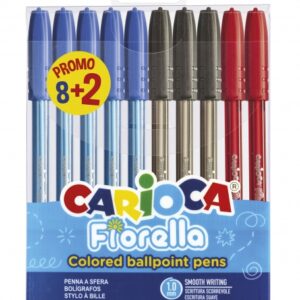 carioca fiorella pack 8+2 boligrafos punta de bola Ø 1mm cuerpo transparente escritura brillante y colorida colores surtidos