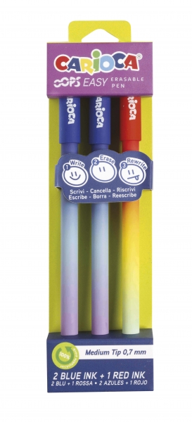 carioca oops easy pack de 3 boligrafos borrables con punta de Ø 0.7mm tinta termo sensible cuerpo con efecto degradado doble goma colores surtidos