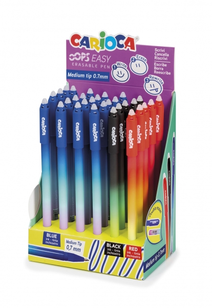 carioca oops easy expositor de 30 boligrafos borrables tinta termo sensible cuerpo con efecto degradado punta de 0.7mm doble goma color varios