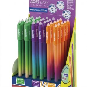 pack carioca oops easy expositor de 30 boligrafos borrables tinta termo sensible cuerpo con efecto degradado punta de Ø 0.7mm doble goma color varios