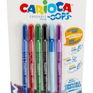 carioca oops pack de 6 boligrafos borrables tinta termo sensible empuñadura ergonomica triangular punta de 0.7mm doble goma recambios compatibles color varios