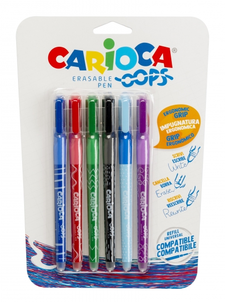 carioca oops pack de 6 boligrafos borrables tinta termo sensible empuñadura ergonomica triangular punta de 0.7mm doble goma recambios compatibles color varios