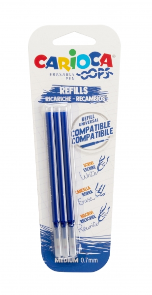carioca oops pack de 3 recambios para boligrafo borrable tinta termo sensible punta de 0.7mm color azul