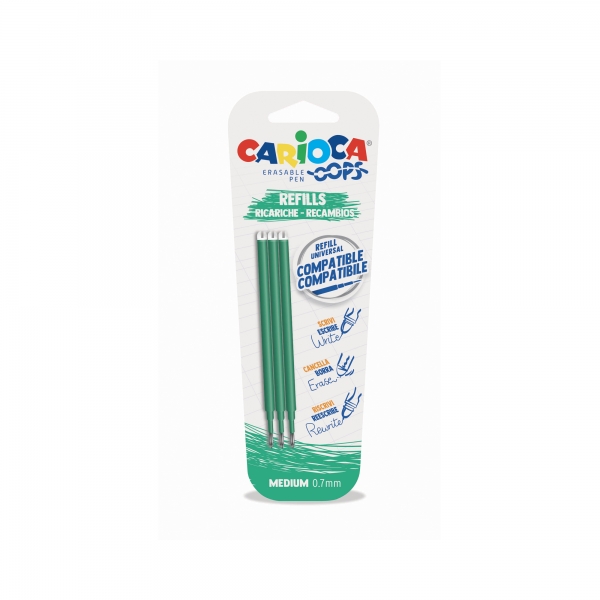 carioca oops pack de 3 recambios para boligrafo borrable tinta termo sensible punta de 0.7mm compatibles con boligrafo oops color verde