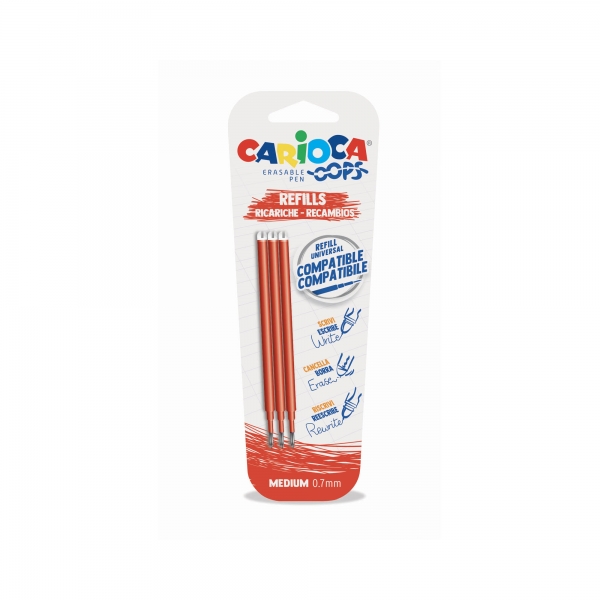 carioca oops pack de 3 recambios para boligrafo borrable tinta termo sensible punta de 0.7mm compatibles con boligrafo oops color rojo