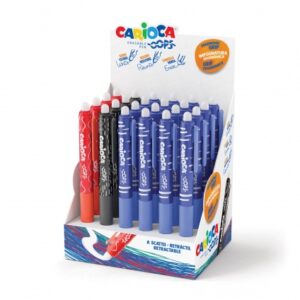 carioca oops expositor de 24 boligrafos borrables retractiles tinta termo sensible empuñadura ergonomica triangular punta de Ø 0.7mm doble goma recambios compatibles colores surtidos