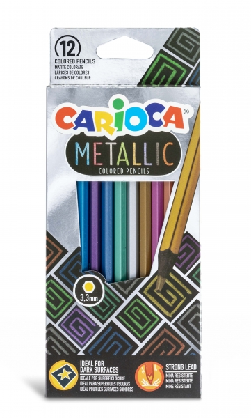 carioca metallic pack de 12 lapices hexagonales metalicos colores cubrientes ideales para superficies oscuras mina premium de Ø 3.3mm resistente a las caidas faciles de afilar color varios