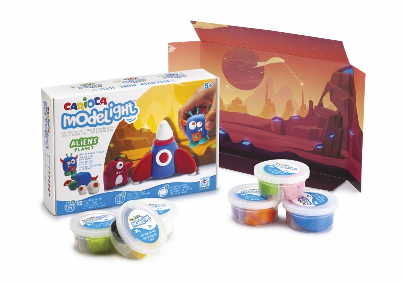 carioca modelight maxiplaybox aliens pack de pasta de moldear super ligera elastica maleable sin gluten se seca al aire incluye herramientas y escenario color varios
