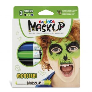 carioca mask up monsters pack de 3 colores para la piel en barra colores brillantes lavables y base agua incluye dos tutoriales paso a paso colores azul, verde y negro