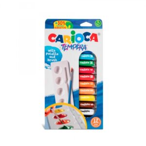 carioca pack de 12 tubitos de tempera 10ml + pincel y paleta alto poder cubriente aplicable en materiales porosos colores surtidos