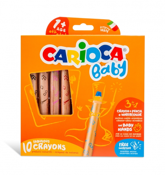 carioca baby 1+ 3in1 pack de 10 lapices lapiz, cera y acuarela en uno cuerpo extragrande facil de agarrar acuarelables con agua y pincel color varios