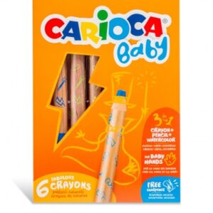 carioca baby 1+ 3in1 pack de 6 lapices lapiz cera y acuarela en uno cuerpo extragrande acuarelables sacapuntas incluido colores brillantes y lavables color varios