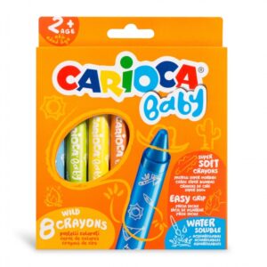 carioca pack de 8 ceras baby 2+ super suaves gran dimension para facil agarre escritura suave colores brillantes y lavables acuarelables con agua y pincel color varios