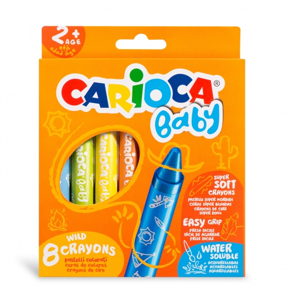 carioca pack de 8 ceras baby 2+ super suaves gran dimension para facil agarre escritura suave colores brillantes y lavables acuarelables con agua y pincel color varios