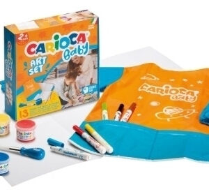 carioca baby art set pack de juegos con 12 productos para bebes 1 hoja de papel, 1 delantal impermeable, 1 cepillo baby 2+, 4 pinturas de dedos 2+, 6 marcadores baby valorous 2+ colores surtidos