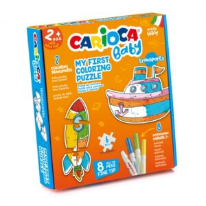 carioca coloring puzzle transports baby 2+ pack de puzzle para niños 2 medios de transporte de 3 piezas 2 transportes de referencia 8 rotuladores superlavables color varios