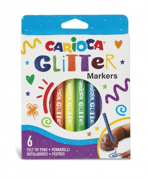 carioca glitter caja 6 rotuladores punta Ø 1mm tinta liquida a base de agua punta de alta calidad efecto glitter resistente a la luz color varios